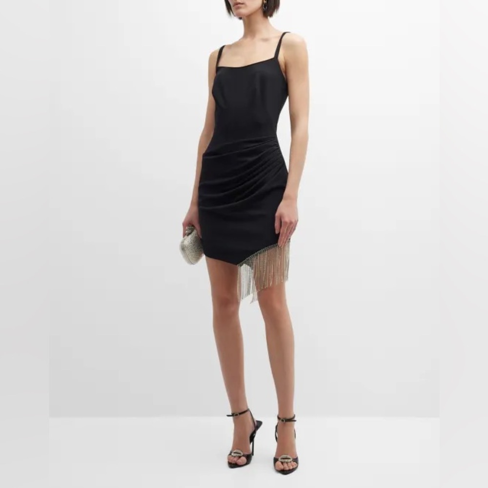 Tadashi Shoji SHO NWT Crystal Fringe Trim Ruched Crepe Black Mini Dress